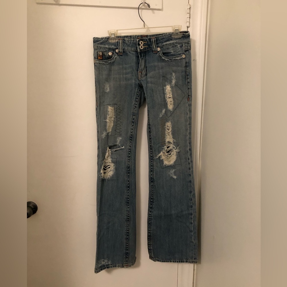 Vintage Miss Me ultra distressed low rise flare jeans